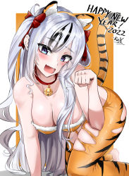 Rule 34 | 1girl, absurdres, animal ears, azur lane, bare shoulders, blush, breasts, captainrox, cleavage, elbe (azur lane), hair ornament, highres, large breasts, long hair, looking at viewer, multicolored hair, open mouth, self-upload, silver hair, simple background, streaked hair, tail, thighhighs