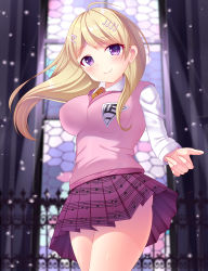 Rule 34 | 1girl, ahoge, akamatsu kaede, bad id, bad pixiv id, beamed eighth notes, blonde hair, blush, breasts, commentary request, danganronpa (series), danganronpa v3: killing harmony, dot nose, eighth note, fortissimo, from below, hair ornament, highres, large breasts, long hair, looking at viewer, musical note, musical note hair ornament, nabekokoa, necktie, orange necktie, pink skirt, pink sweater vest, pleated skirt, purple eyes, school uniform, shirt, skirt, smile, solo, sweater vest