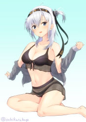 Rule 34 | 1girl, :d, bare shoulders, barefoot, bikini, black bikini, black headband, blue background, blue eyes, breasts, cleavage, clothes writing, feet out of frame, gradient background, grey sweater, hachimaki, hair between eyes, headband, highres, kantai collection, long hair, looking at viewer, medium breasts, midriff, navel, ochikata kage, one side up, open mouth, seiza, silver hair, simple background, sitting, smile, solo, suzutsuki (kancolle), sweater, swimsuit