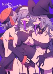 Rule 34 | 3girls, breasts, chariki, halloween, hat, highres, kutinawa, long tongue, looking at viewer, middle finger, multiple girls, sharp teeth, smile, teeth, tongue, underboob, virtual youtuber, witch, witch hat