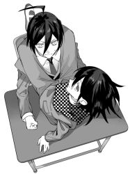 Rule 34 | 2boys, ahoge, bishounen, black hair, checkered clothes, checkered scarf, closed mouth, collared shirt, commentary request, danganronpa (series), danganronpa v3: killing harmony, desk, from above, greyscale, hair between eyes, legs on another&#039;s shoulders, long sleeves, looking at viewer, male focus, monochrome, multiple boys, necktie, oma kokichi, on desk, saihara shuichi, scarf, school desk, school uniform, shirt, short hair, sitting, smile, sweatdrop, unamused, white background, yaoi, youuthu