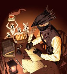 Rule 34 | 1boy, arizuka (catacombe), black background, black gloves, black headwear, black scarf, black sweater vest, bloodborne, book, bow, candle, chair, commentary request, cup, feathers, food, gloves, hat, highres, holding, holding plate, hunter (bloodborne), indoors, knife, long sleeves, male focus, mask, mouth mask, open book, orange background, painttool sai (medium), paper, plate, sandwich, scarf, shirt, sitting, steam, sweater vest, table, teacup, teeth, watch, white bow, white shirt