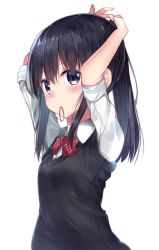 Rule 34 | 1girl, adjusting hair, arms up, black hair, bow, bowtie, highres, long hair, looking at viewer, mouth hold, neku (neku draw), original, ponytail, purple eyes, school uniform, shirt, sidelocks, simple background, sleeves rolled up, solo, striped bow, striped bowtie, striped clothes, striped neckwear, sweater vest, upper body, white background, white shirt, wing collar