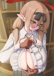 Rule 34 | 1girl, between breasts, blue archive, blush, book, bookshelf, breasts, brown hair, chinatsu (blue archive), cleavage, collared shirt, glasses, gloves, hair ribbon, halo, large breasts, long hair, looking away, low twintails, pleated skirt, pointy ears, ribbon, school uniform, shirt, skirt, solo, standing, tomiokasena, twintails, unbuttoned, white shirt