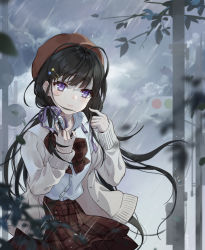 Rule 34 | 1girl, beret, black hair, blurry, blurry foreground, bow, brown bow, brown hat, brown skirt, closed mouth, collared shirt, commentary request, day, depth of field, dress shirt, hair ornament, hair ribbon, hairclip, hat, highres, jacket, long hair, long sleeves, looking at viewer, low twintails, open clothes, open jacket, original, outdoors, plaid, plaid bow, plaid skirt, purple eyes, purple ribbon, rain, ribbon, shirt, skirt, sleeves past wrists, solo, traffic light, twintails, utility pole, very long hair, white jacket, white shirt, yukiri (l ii)