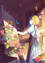 Rule 34 | 1girl, absurdres, apron, black apron, blonde hair, blue eyes, bug, butterfly, commentary, dress, easel, flower, hand up, highres, holding, holding paintbrush, holding palette, indoors, insect, original, paintbrush, painting (action), palette (object), plant, rose, shi-ro, short hair, short sleeves, solo, standing, vines, white dress