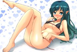 Rule 34 | 1girl, arm support, ass, bad id, bad pixiv id, barefoot, bikini, black bikini, blue eyes, blue hair, blush, breasts, cleavage, covered erect nipples, elf, artistic error, feet, female focus, full-face blush, green eyes, green hair, large breasts, leg up, long hair, lying, matching hair/eyes, navel, on back, open mouth, original, parted lips, pointy ears, smile, solo, strap gap, string bikini, sukesan, swimsuit, untied