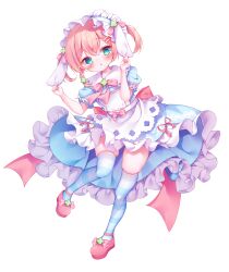 Rule 34 | 1girl, absurdres, amahane yotsuha, animal ears, apron, blue dress, blue hairband, blush, bow, braid, chestnut mouth, collared dress, dress, floppy ears, frilled dress, frilled hairband, frills, full body, fuxiyu, grabbing another&#039;s ear, green eyes, hair between eyes, hairband, hand on another&#039;s ear, hands up, highres, light brown hair, looking at viewer, parted lips, pink bow, pink footwear, puffy short sleeves, puffy sleeves, rabbit ears, shoes, short sleeves, simple background, skindentation, solo, standing, standing on one leg, striped clothes, striped thighhighs, thighhighs, twintails, vgaming, virtual youtuber, white apron, white background