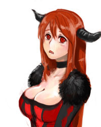 Rule 34 | 10s, 1girl, breasts, brown hair, choker, cleavage, fur trim, haato (silly god), horns, long hair, looking at viewer, maou (maoyuu), maoyuu maou yuusha, red eyes, red hair, solo, tears, upper body, white background