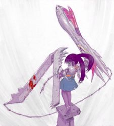 Rule 34 | 1girl, 4n, barefoot, black hair, blade, blood, child, colored skin, from behind, green eyes, huge weapon, long hair, looking at viewer, looking back, monster girl, mutant, purple skin, serious, skirt, solo, stain, standing, torn clothes, twintails, weapon