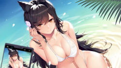 Rule 34 | 1girl, animal ears, atago (azur lane), atago (summer march) (azur lane), atago (summer march) (azur lane), azur lane, beach, bikini, black hair, blurry, blurry foreground, breasts, brown eyes, camera phone, cellphone, cleavage, commentary request, day, dutch angle, extra ears, flower, hair flower, hair ornament, large breasts, long hair, navel, outdoors, palm tree, phone, sand, seiza, shallow water, sitting, smile, swimsuit, tree, water, white bikini, xiaoyin li