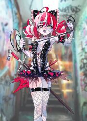 Rule 34 | 1girl, bow, colored skin, double bun, dress, fishnet thighhighs, fishnets, grey hair, grey skin, gurumie, hair bow, hair bun, heterochromia, highres, holding, holding whip, hololive, hololive indonesia, kureiji ollie, looking at viewer, multicolored hair, multicolored skin, open mouth, patchwork skin, pink hair, red eyes, red hair, solo, stitched face, stitches, sword, thighhighs, udin (kureiji ollie), virtual youtuber, weapon, whip, yellow eyes, zombie