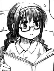 Rule 34 | 10s, 1girl, ^^^, akemi homura, book, buttons, glasses, greyscale, hairband, holding, holding book, long hair, looking to the side, mahou shoujo madoka magica, mahou shoujo madoka magica (anime), mahou shoujo madoka magica movie 1 &amp; 2, monochrome, open book, pillow, silverxp, solo, upper body