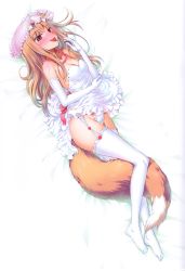 Rule 34 | 1girl, absurdres, animal ears, bed sheet, blush, breasts, brown hair, cleavage, clothes lift, collarbone, dakimakura (medium), dress, dress lift, elbow gloves, frilled thighhighs, frills, from above, garter straps, gloves, highleg, highleg panties, highres, holo, jewelry, koume keito, lifted by self, long hair, lying, necklace, official art, on back, panties, red eyes, scan, short dress, simple background, sleeveless, sleeveless dress, small breasts, smile, solo, spice and wolf, striped clothes, striped dress, tail, thighhighs, tongue, tongue out, underwear, very long hair, white background, white dress, white gloves, white panties, white thighhighs, wolf ears, wolf girl, wolf tail