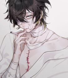 Rule 34 | 1boy, bandage on face, bandage over one eye, bandaged arm, bandaged neck, bandaged wrist, bandages, black hair, blood, cigarette, closed mouth, collarbone, eyokiki, hair between eyes, holding, holding cigarette, injury, looking at viewer, male focus, messy, messy hair, one eye covered, short hair, simple background, slow damage, smoke, smoking, stitches, towa (slow damage), white background