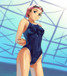 Rule 34 | brown eyes, brown hair, from below, goggles, one-piece swimsuit, school swimsuit, solo, swim cap, swimsuit, tani, wet