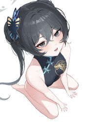 Rule 34 | 1girl, absurdres, bare shoulders, barefoot, black dress, blue archive, blush, braid, braided bun, breasts, butterfly hair ornament, china dress, chinese clothes, double bun, dragon print, dress, hair bun, hair ornament, halo, highres, kisaki (blue archive), kneeling, long hair, looking at viewer, open mouth, oyasumisan01, small breasts, solo