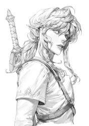 Rule 34 | 1boy, earrings, greyscale, hair between eyes, hair tie, highres, jewelry, link, long sleeves, looking up, low ponytail, male focus, medium hair, monochrome, nintendo, parted lips, pointy ears, sidelocks, solo, the legend of zelda, the legend of zelda: breath of the wild, tunic, upper body, vlfdus 0, weapon, weapon on back, white background