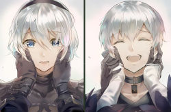 Rule 34 | 1boy, 1girl, blue eyes, choker, couple, crying, eyelashes, closed eyes, feather-trimmed sleeves, gloves, hand on another&#039;s cheek, hand on another&#039;s face, highres, lips, long sleeves, mole, mole under mouth, nier (series), nier:automata, no blindfold, open mouth, pale skin, qitoli, short hair, simple background, smile, white hair, 2b (nier:automata), 9s (nier:automata)