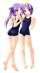 Rule 34 | 00s, 2girls, absurdres, ass, back, barefoot, blue eyes, blush, breasts, full body, hair ribbon, highres, hiiragi kagami, hiiragi tsukasa, kneepits, long hair, looking back, lucky star, multiple girls, norizou type-r, one-piece swimsuit, open mouth, purple hair, ribbon, school swimsuit, short hair, siblings, sisters, small breasts, smile, standing, swimsuit, tareme, thighs, tongue, tsurime, twins, twintails