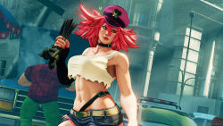 Rule 34 | abs, belt, belt buckle, blue eyes, breasts, buckle, car, city, collar, denim, denim shorts, final fight, fingernails, hat, highres, holding, holding whip, lipstick, makeup, midriff, motor vehicle, nail polish, outdoors, pink hair, pink lips, pink nails, poison (final fight), police car, shirt, shorts, street fighter, tank top, thick thighs, thighs, toned, torn clothes, torn shirt, torn shorts, whip, white shirt