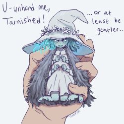 Rule 34 | blue eyes, blue hair, blue skin, blush, cape, cloak, colored skin, doll, dress, elden ring, embarrassed, hat, highres, ranni the witch, size difference, white dress, witch hat
