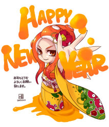 Rule 34 | 1girl, closed mouth, commentary request, dated, english text, floral print, flower, from side, hair flower, hair ornament, happy new year, highres, ink, japanese clothes, joshua2368, kimono, long sleeves, looking at viewer, looking to the side, new year, nintendo, obi, octoling, octoling girl, octoling player character, orange eyes, orange hair, reaching, reaching towards viewer, red flower, sash, simple background, smile, solo, splatoon (series), splatoon 2, standing, tentacle hair, white background, wide sleeves, yellow kimono