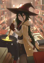 Rule 34 | 1girl, ascot, black vest, book, book stack, bookshelf, brown eyes, brown gloves, brown hat, buttons, cauldron, cellphone, charm (object), closed mouth, collared shirt, dress shirt, gloves, green hair, hat, hat ribbon, highres, holding, holding staff, indoors, jacket, jacket on shoulders, library, long hair, long sleeves, looking at viewer, original, paper, phone, red ribbon, ribbon, sanderson, shirt, short eyebrows, sleeves rolled up, smartphone, solo, staff, suitcase, very long hair, vest, white shirt, window, witch hat, wizard, wizard hat, yellow eyes