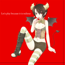 Rule 34 | 1boy, bat wings, blush, boots, bow, bowtie, brown hair, candy, corset, demon, food, horns, lollipop, male focus, midriff, navel, nipples, original, pointy ears, red eyes, short hair, shorts, simple background, sitting, solo, striped clothes, striped thighhighs, tail, thighhighs, wings