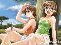 Rule 34 | 2girls, :d, arm up, bandaid, bandaid on knee, bandaid on leg, bare arms, blue eyes, blunt bangs, brown hair, camisole, cloud, dappled sunlight, day, from side, gagraphic, glasses, grass, green eyes, hairband, maruto!, multiple girls, nature, open mouth, outdoors, plaster, shading eyes, short hair, shorts, sitting, sky, sleeveless, smile, socks, sunlight, teeth, tree, turtleneck, watch, wristwatch
