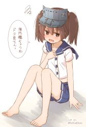 Rule 34 | 1girl, alternate costume, blue sailor collar, blue shorts, brown eyes, brown hair, commentary request, dated, fang, fujisaki yuu, full body, jewelry, kantai collection, one-hour drawing challenge, open mouth, ring, ryuujou (kancolle), sailor collar, sailor shirt, shadow, shirt, shorts, simple background, sitting, skin fang, smile, solo, translation request, twintails, twitter username, visor cap, wedding band, white background, white shirt