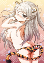 Rule 34 | 1girl, animal ears, animal print, blush, breasts, brown eyes, conte di cavour (kancolle), cowboy shot, fuji (pixiv24804665), hair between eyes, highres, kantai collection, large breasts, long hair, open mouth, silver hair, solo, tail, tiger ears, tiger print, tiger tail