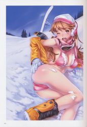 Rule 34 | 1girl, absurdres, ass, bikini, bikini top only, blush, boots, breasts, earmuffs, gloves, goggles, hat, highres, jacket, large breasts, legs, long hair, looking at viewer, lying, nishieda, on side, open clothes, open mouth, orange hair, original, red eyes, scarf, sky, snow, snowboard, solo, swimsuit, thighs, wince