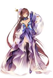 Rule 34 | 1girl, absurdly long hair, breasts, brown hair, cleavage, dated, detached collar, dress, full body, has bad revision, long hair, md5 mismatch, one eye closed, purple eyes, resolution mismatch, sangokushi ranbu, signature, solo, very long hair, vilor, white background, wink