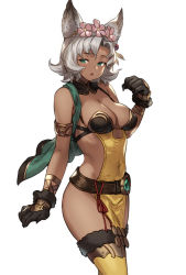 Rule 34 | 1girl, animal ears, armlet, black gloves, breasts, cleavage, covered navel, erune, flower, gloves, granblue fantasy, green eyes, hair flower, hair ornament, hand up, highres, houtengeki, medium breasts, melleau, open mouth, short hair, silver hair, simple background, solo, thighhighs, thighs, white background, yellow thighhighs