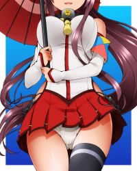Rule 34 | 10s, 1girl, black thighhighs, blush, breasts, brown hair, detached sleeves, dr rex, from below, gluteal fold, kantai collection, large breasts, long hair, oil-paper umbrella, panties, ponytail, single thighhigh, skirt, smile, solo, thighhighs, umbrella, underwear, very long hair, yamato (kancolle)