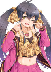 Rule 34 | 1girl, ;d, animal print, bare shoulders, black hair, bow, cheek poking, collarbone, commentary request, crop top, fingernails, hair bow, head tilt, heart, heart necklace, idolmaster, idolmaster cinderella girls, jacket, leopard print, long hair, long sleeves, matoba risa, miri (ago550421), nail polish, navel, necklace, off shoulder, one eye closed, open clothes, open jacket, open mouth, pink jacket, pink nails, pink skirt, pleated skirt, poking, print bow, sidelocks, signature, simple background, skirt, smile, solo, swimsuit, twintails, very long hair, white background, yellow eyes