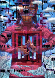 Rule 34 | 1girl, bad id, bad pixiv id, braid, dripping, faceless, glitch, hair ornament, hands on own chest, long sleeves, madotsuki, name connection, object namesake, pink shirt, shigeyama mohachi, shirt, solo, static, surreal, twin braids, upper body, window, yume nikki
