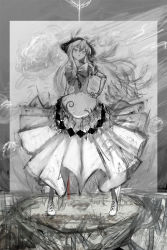 Rule 34 | 1girl, arm behind back, bad id, bad pixiv id, boots, border, cloud, cong1991, cross-laced footwear, from below, greyscale, hand on own hip, hat, highres, hinanawi tenshi, holding, holding sword, holding weapon, huge bow, keystone, lips, long skirt, monochrome, pleated skirt, pursed lips, sidelocks, sketch, skirt, sky, solo, spot color, sword, sword of hisou, texture, touhou, weapon, wind