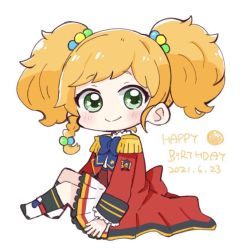 Rule 34 | 1girl, aikatsu! (series), aikatsu stars!, black socks, blonde hair, blue bow, blush, boots, bow, braid, chibi, closed mouth, commentary request, dated, epaulettes, frilled skirt, frilled sleeves, frills, green eyes, hair bobbles, hair ornament, happy birthday, jacket, kneehighs, long sleeves, looking at viewer, looking to the side, nikaido yuzu, nozo (hitomiz), open clothes, open jacket, pleated skirt, red jacket, shirt, simple background, single braid, sitting, skirt, smile, socks, solo, twintails, white background, white footwear, white shirt, white skirt