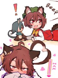 Rule 34 | !, 1boy, 1girl, :d, ahoge, animal ear fluff, animal ears, cat ears, cat tail, character doll, chen, closed mouth, commentary request, fang, fumo (doll), hair between eyes, half-closed eyes, happy, hat, heart, heart-shaped pupils, heart tail, highres, looking to the side, lying, mob cap, multiple tails, multiple views, nazrin, nekomata, no headwear, on stomach, open mouth, petite, pink eyes, pov, pov hands, simple background, smile, solo focus, symbol-shaped pupils, tail, touhou, two tails, white background, yoshiyuki (14330975)