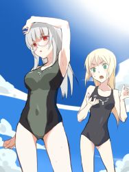 Rule 34 | 2girls, :o, arm up, bare shoulders, black one-piece swimsuit, blonde hair, blue sky, blush, breast envy, breasts, cloud, collarbone, cowboy shot, d:, d:&lt;, day, frown, glasses, green eyes, green one-piece swimsuit, heidimarie w. schnaufer, heinrike prinzessin zu sayn-wittgenstein, homare (homaredai), large breasts, long hair, looking at another, multiple girls, new school swimsuit, one-piece swimsuit, open mouth, red eyes, school swimsuit, silver hair, sky, strike witches, swimsuit, v-shaped eyebrows, wet, world witches series