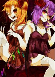 Rule 34 | 2girls, alternate costume, bat wings, blonde hair, bow, crystal, dress, flandre scarlet, flower, hair bow, hair ornament, heart, loalo, looking at viewer, multiple girls, nail polish, no headwear, no headwear, one eye closed, open mouth, ponytail, purple hair, red eyes, remilia scarlet, rose, siblings, side ponytail, sisters, sitting, sleeveless, smile, star (symbol), thighhighs, touhou, v, white legwear, wings