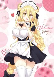 Rule 34 | 1girl, alternate breast size, apron, black bow, black bowtie, black ribbon, black skirt, blonde hair, bow, bowtie, braid, breasts, candy, chocolate, chocolate heart, cleavage, date a live, food, hand on own chest, happy, happy valentine, heart, heart hands, highres, hoshimiya mukuro, large breasts, long hair, maid, maid apron, maid headdress, miniskirt, puffy short sleeves, puffy sleeves, ribbon, short sleeves, skirt, smile, thighhighs, thighs, tsubasaki, valentine, very long hair, white thighhighs, yellow eyes