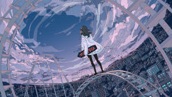 Rule 34 | 1girl, black footwear, black pantyhose, brown hair, building, cityscape, cloud, cloudy sky, commentary request, drawstring, fisheye, from behind, full body, highres, holding, holding skateboard, hood, hoodie, house, jacket, long hair, looking afar, mountainous horizon, original, pantyhose, power lines, railroad tracks, scenery, seraphitalg, shoes, signature, skateboard, sky, skyline, sneakers, solo, standing, tagme, tree, white jacket, wide shot, wind