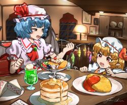Rule 34 | 2girls, ascot, bat wings, blonde hair, blue hair, blush, bow, breasts, brooch, cake, cake slice, cherry, crystal, cup, drooling, flandre scarlet, food, frilled shirt collar, frills, fruit, ga-chan24, glowing, hair bow, half-closed eyes, hat, holding, holding spoon, indoors, jewelry, lamp, looking at another, mob cap, multiple girls, night, open mouth, pancake, pancake stack, pointy ears, pudding, puffy short sleeves, puffy sleeves, red ascot, red bow, red eyes, remilia scarlet, short hair, short sleeves, siblings, signature, sisters, small breasts, spoon, strawberry, touhou, v-shaped eyebrows, window, wings, yellow ascot