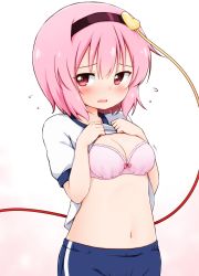 Rule 34 | 1girl, alternate costume, blush, bow, bow bra, bra, breasts, cleavage, clothes lift, commentary request, cowboy shot, flying sweatdrops, gradient background, gym uniform, hairband, hands on own chest, heart, highres, komeiji satori, looking at viewer, medium breasts, navel, pink background, pink bra, pink hair, red eyes, shirt, shirt lift, short sleeves, solo, suwa yasai, touhou, underwear, white background, white shirt