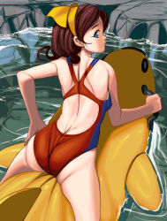 Rule 34 | ass, back, bad id, bad pixiv id, blue eyes, brown hair, competition swimsuit, cowboy shot, hairband, kouno (masao), looking back, one-piece swimsuit, original, short hair, swimsuit, water