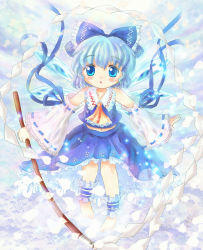 Rule 34 | 1girl, alternate color, blue dress, blue eyes, blue hair, bow, cirno, cosplay, daiso, dress, flower, hair bow, hair ribbon, hakurei reimu, hakurei reimu (cosplay), ice, ice wings, matching hair/eyes, petals, ribbon, smile, solo, touhou, wings