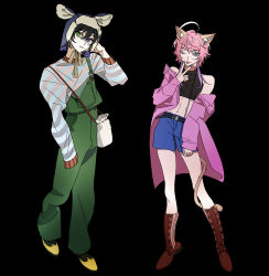 Rule 34 | 2boys, ;p, alternate costume, amemura ramuda, animal ears, belt, black belt, black hair, blue eyes, blue shorts, boots, brown footwear, collar, crop top, cunnilingus gesture, green overalls, hair between eyes, hat, hat with ears, heterochromia, highres, hypnosis mic, jacket, mole, mole under eye, multiple boys, nail polish, one eye closed, pink hair, pink jacket, reichio, short hair, shorts, sidelocks, striped clothes, striped sweater, sweater, swept bangs, tail, tongue, tongue out, yamada saburo